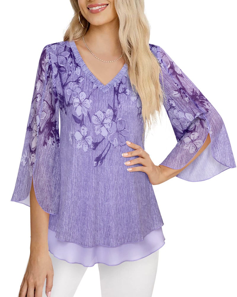 Timeson Ladies Tops and Blouses,Womens Tunic Tops 3/4 Sleeve,Spring Womens Business Casual Tops Dressy Long Shirts to wear with Leggings Loose Fit Fancy Fashion Office Work Clothes Multi- Violet XL - Image 3