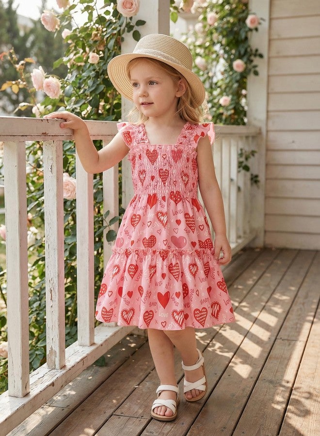 RETSUGO Little Girl Dresses Heart Print Flutter Sleeve Twirly Shirred Sundress Toddler Tiered Heart Dress Valentines Day Outfit for Kids 6-7 Years - Image 3