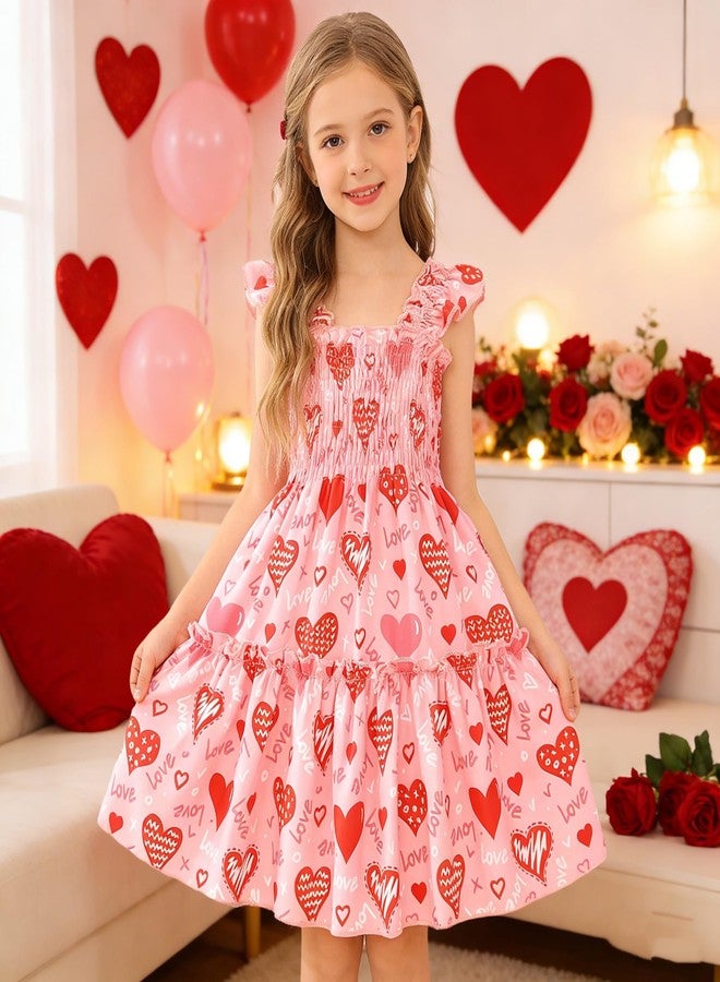 RETSUGO Little Girl Dresses Heart Print Flutter Sleeve Twirly Shirred Sundress Toddler Tiered Heart Dress Valentines Day Outfit for Kids 6-7 Years - Image 2