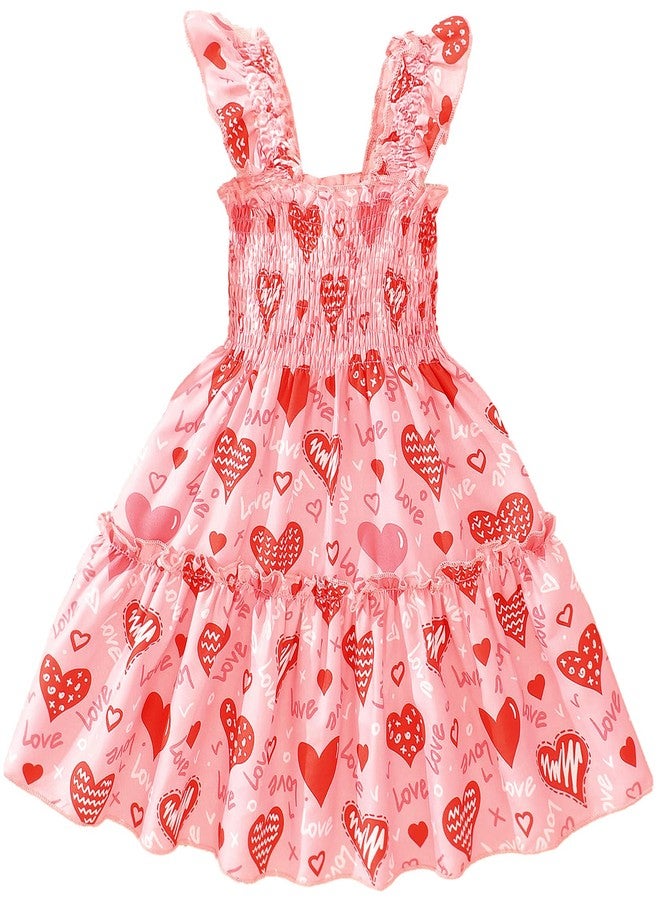 RETSUGO Little Girl Dresses Heart Print Flutter Sleeve Twirly Shirred Sundress Toddler Tiered Heart Dress Valentines Day Outfit for Kids 6-7 Years - Image 1