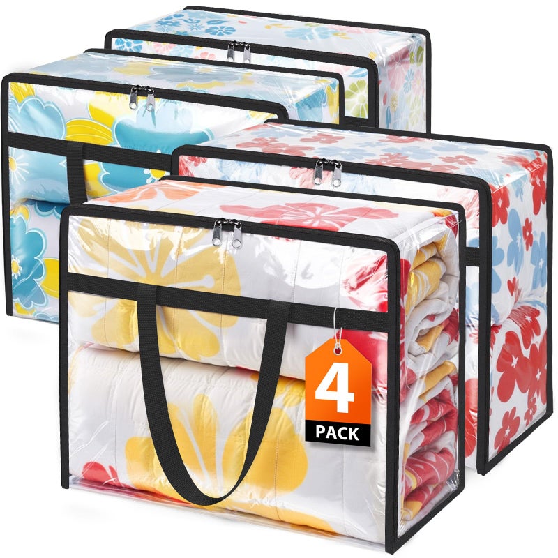SpaceTrove Clear Clothes Storage Bags, 4 Pack Closet Organizers and Under Bed Storage Containers, Foldable Moving Bags with Zippers for Comforter, Blanket, Bedding, Duvet, PVC Packing Bags 90L - Image 1