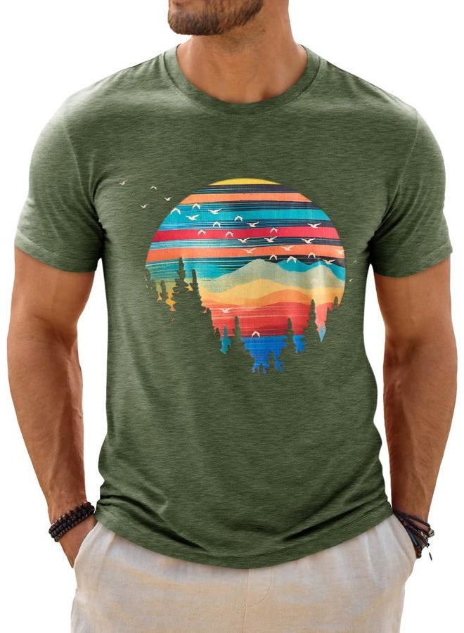 Runcati Mens Short Sleeve T-Shirts Graphic Crewneck Casual Printed Tee Summer Beach Hawaiian Vintage Shirts, Army Green, L - Image 1