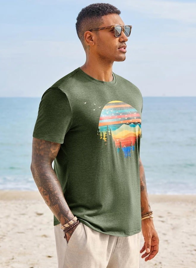 Runcati Mens Short Sleeve T-Shirts Graphic Crewneck Casual Printed Tee Summer Beach Hawaiian Vintage Shirts, Army Green, L - Image 4