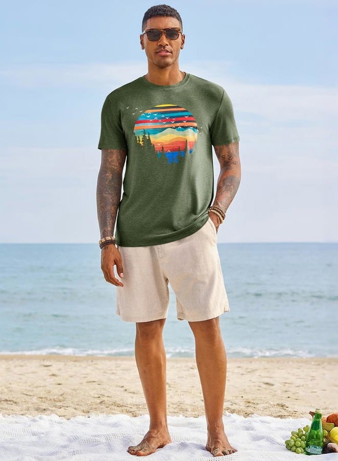 Runcati Mens Short Sleeve T-Shirts Graphic Crewneck Casual Printed Tee Summer Beach Hawaiian Vintage Shirts, Army Green, L - Image 5