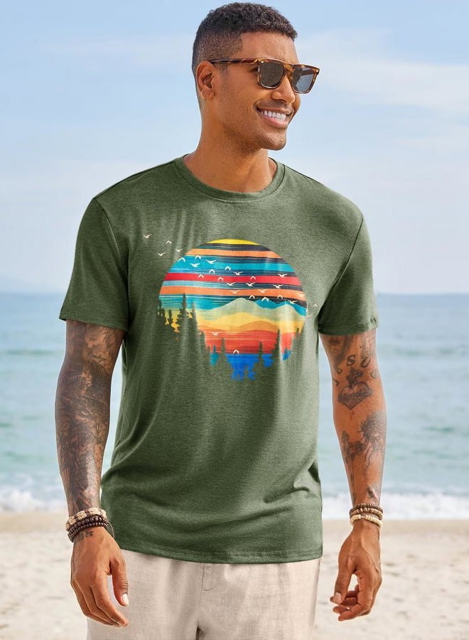 Runcati Mens Short Sleeve T-Shirts Graphic Crewneck Casual Printed Tee Summer Beach Hawaiian Vintage Shirts, Army Green, L - Image 2