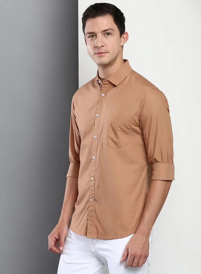دينيس لينغو قميص رجالي قطن بني جملي بقصة ضيقة