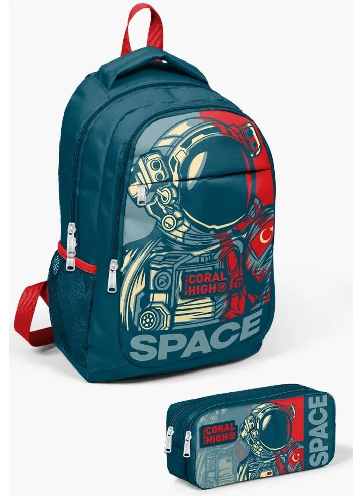 CORAL HIGH Kids Indigo Red Astronaut Patterned 2-Piece School Bag Set GOSET0214389