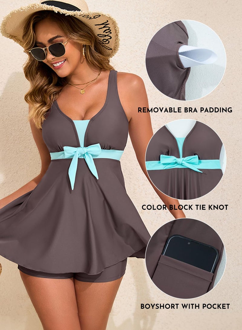 Aleumdr 2026 Summer Two Piece Tankini Swimsuits for Women's Color Block Bathing Suit Flowy Swimwear Tank Top with Swim Bottoms Blue X-Large - Image 4