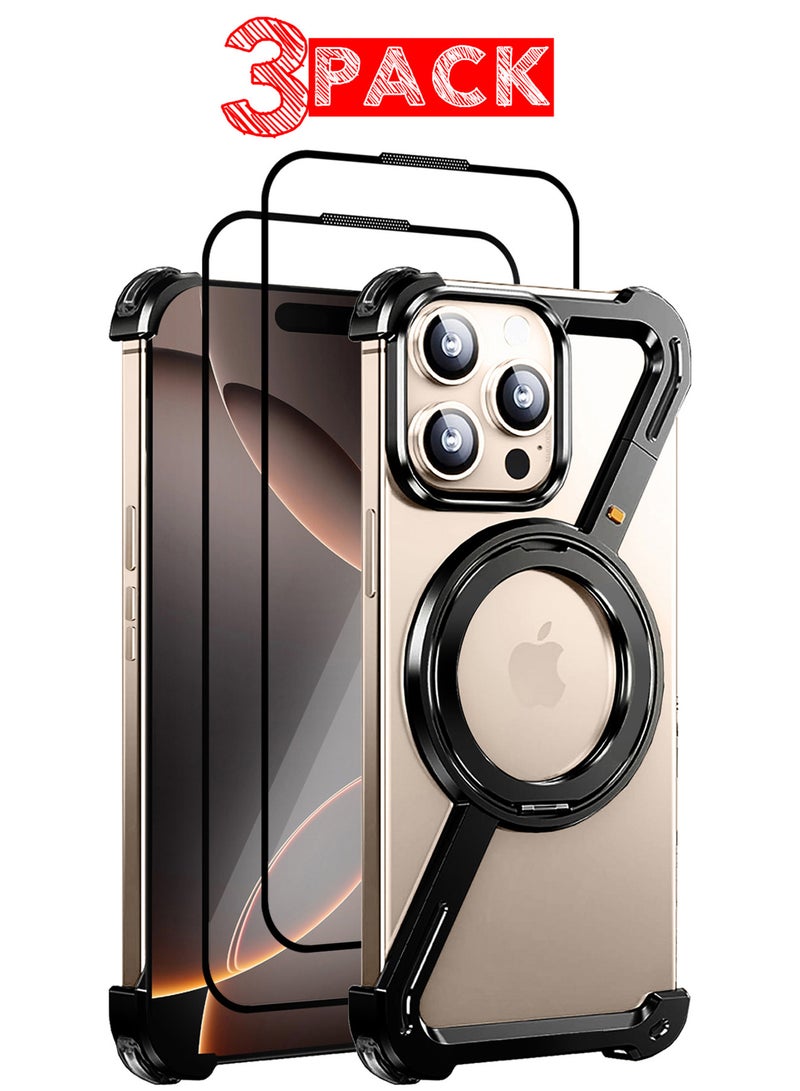 (لـ iPhone 16 Pro Max) حزمة 3 حالات و 2 واقي شاشة دوران 360°، قاعدة من الألمنيوم والمعدن، بدون إطار، حالة حماية بدرجة صدمة سوداء - Image 1