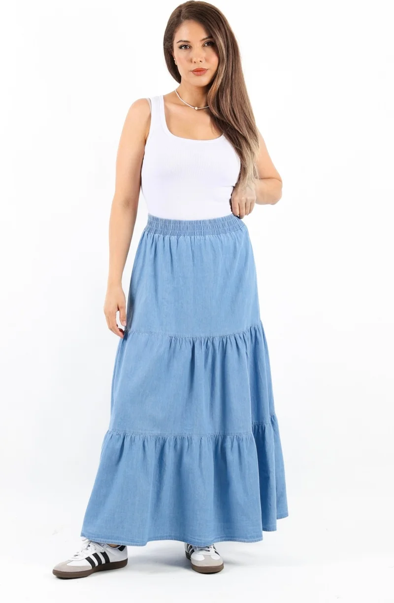 ريتنيس Women's Sporty Light Blue Long Soft Jean Skirt