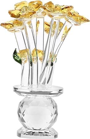 Grofly Miniature Souvenirs Decor Ornament Colourful Rose Flower Crystal Figure with VaseGlass Feng Shui Paper Weight Craft Home Wedding Decor Yellow - Image 1
