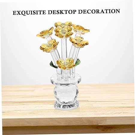 Grofly Miniature Souvenirs Decor Ornament Colourful Rose Flower Crystal Figure with VaseGlass Feng Shui Paper Weight Craft Home Wedding Decor Yellow - Image 3