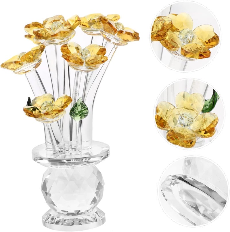 Grofly Miniature Souvenirs Decor Ornament Colourful Rose Flower Crystal Figure with VaseGlass Feng Shui Paper Weight Craft Home Wedding Decor Yellow - Image 5