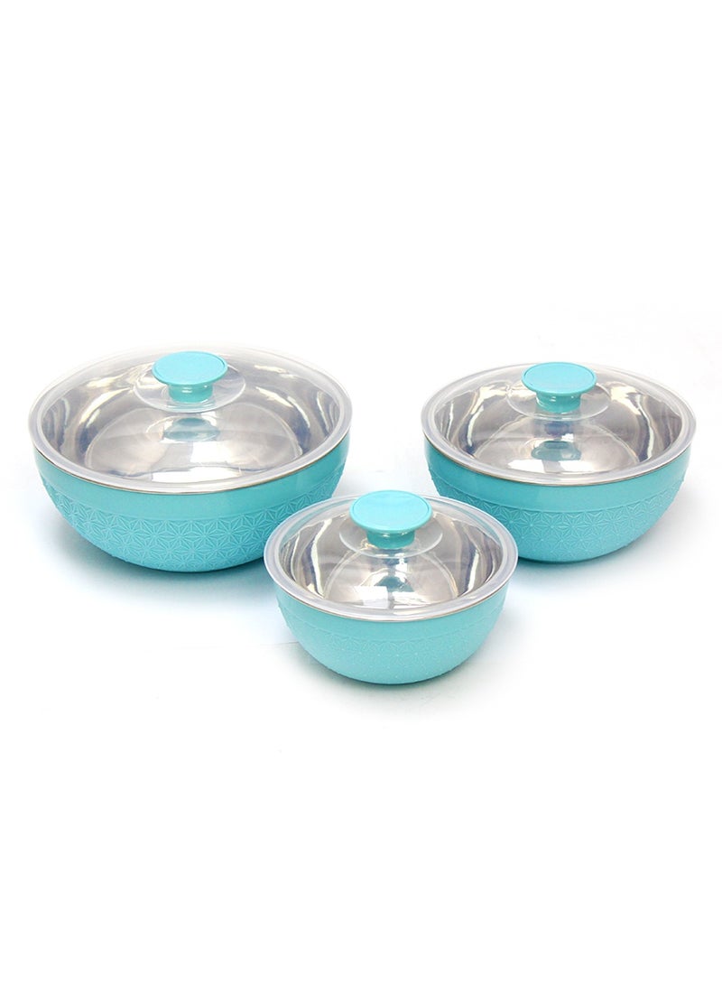 Adore 3pc Mixing Bowl Set Insulated Stainless Steel Inner Durable Plastic Outer with Lid & Knob 600ML,1200ML,1800ML - Aqua Blue - Image 3