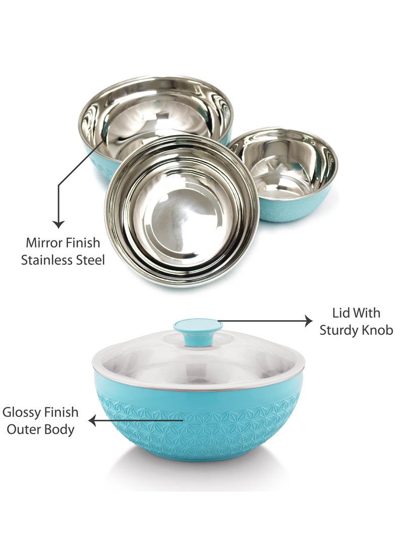 Adore 3pc Mixing Bowl Set Insulated Stainless Steel Inner Durable Plastic Outer with Lid & Knob 600ML,1200ML,1800ML - Aqua Blue - Image 2