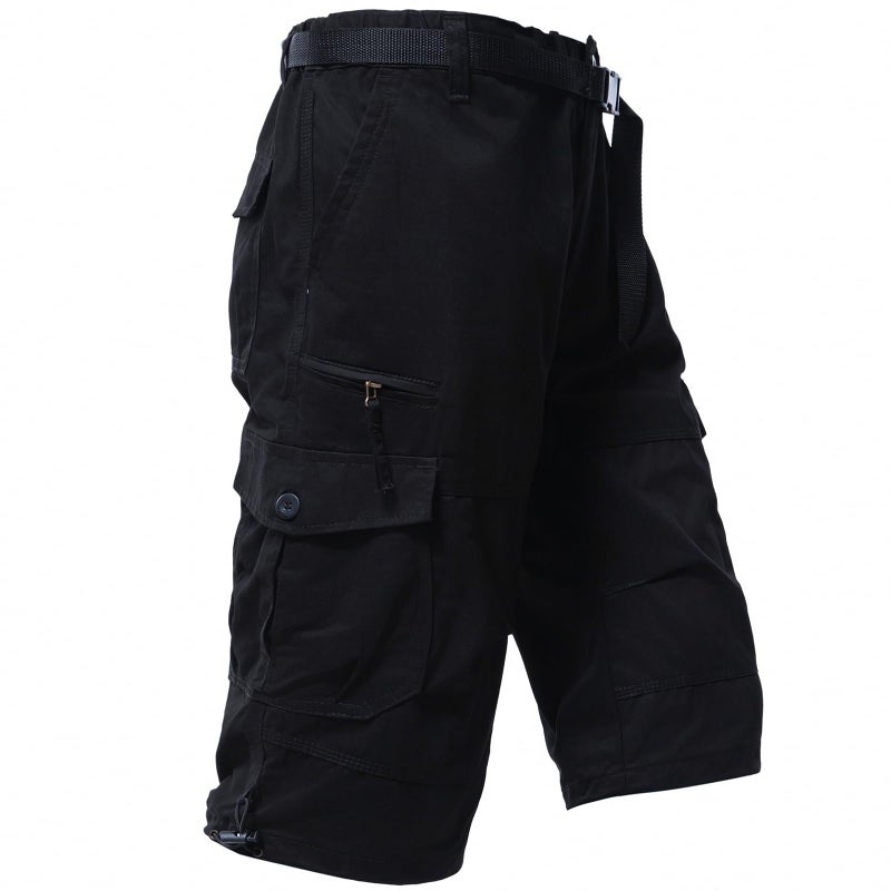 Mylldey Men's Cargo Shorts 3/4 Relaxed Fit Mens Running Shorts 7 Pockets Elastic Waist Cotton Hiking Shorts (Black, L) - Image 2