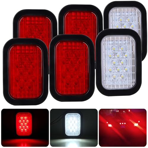 Konrali 6Pcs 5x3 Led Tail Lights, 4 Red + 2 White 3x5 Rectangle Led Lights 12 LED Stop/Turn/Tail Backup/Reverse Tow Truck Semi Trailer CM Flatbed Hitch Mounted RV Bus Grommet 3 Wire Pigtails Kit 12V - Image 1