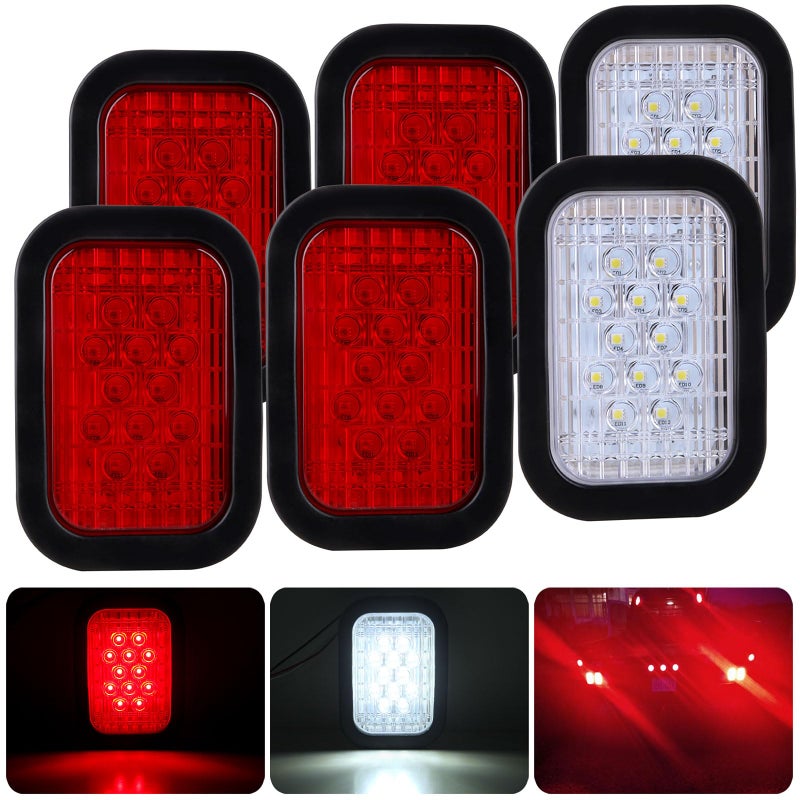 Konrali 6Pcs 5x3 Led Tail Lights, 4 Red + 2 White 3x5 Rectangle Led Lights 12 LED Stop/Turn/Tail Backup/Reverse Tow Truck Semi Trailer CM Flatbed Hitch Mounted RV Bus Grommet 3 Wire Pigtails Kit 12V - Image 2
