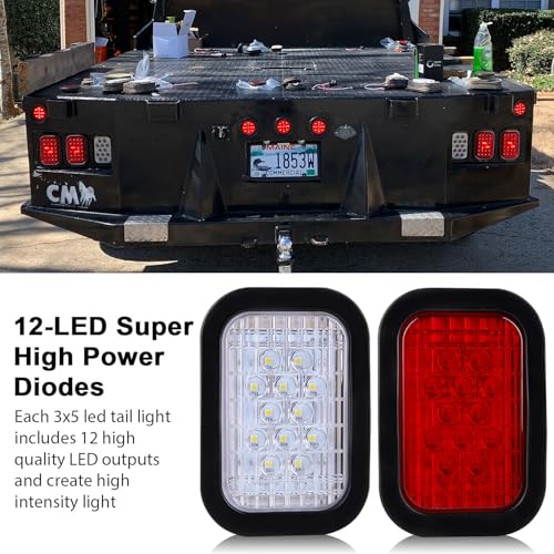 Konrali 6Pcs 5x3 Led Tail Lights, 4 Red + 2 White 3x5 Rectangle Led Lights 12 LED Stop/Turn/Tail Backup/Reverse Tow Truck Semi Trailer CM Flatbed Hitch Mounted RV Bus Grommet 3 Wire Pigtails Kit 12V - Image 5