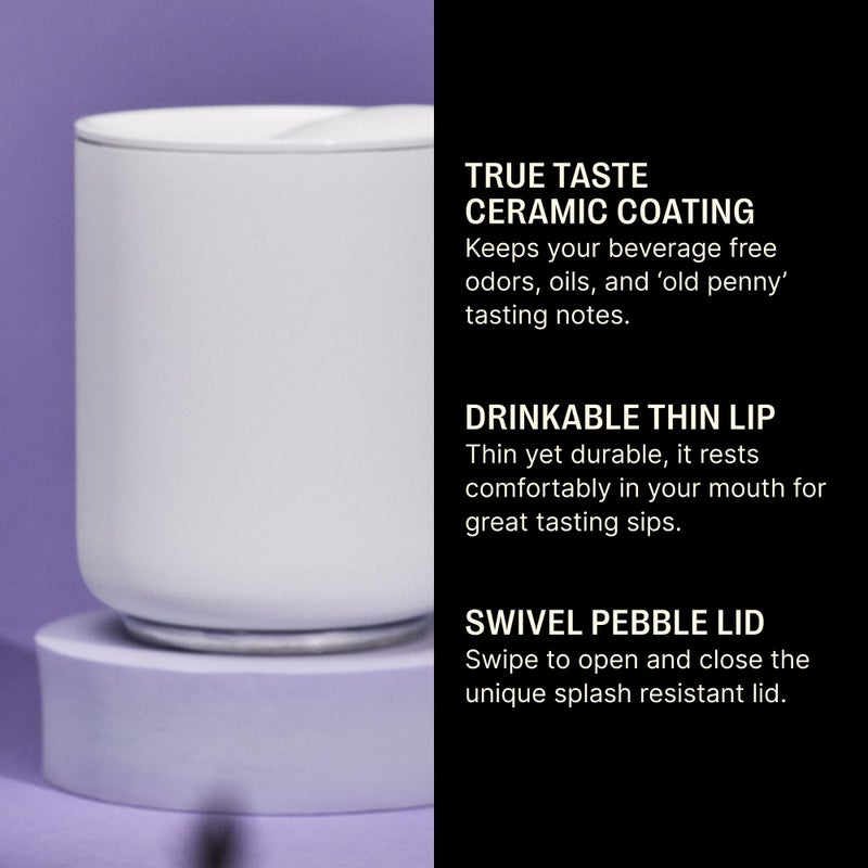 Fellow 10 oz Rocky Lowball Tumbler - Insulated Stainless Steel Whiskey and Cocktail Tumbler with Ceramic Interior and Swivel Pebble Lid (Matte White) - Image 3