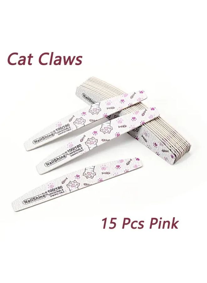 15 قطعة من مبردات الأظافر بمخالب وردية قابلة للغسيل ومتعددة الألوان ومتينة 100 180 حبيبات ورق صنفرة لعمل مانيكير وباديكير بشكل نصف قمر بمقبض خشبي - Image 1