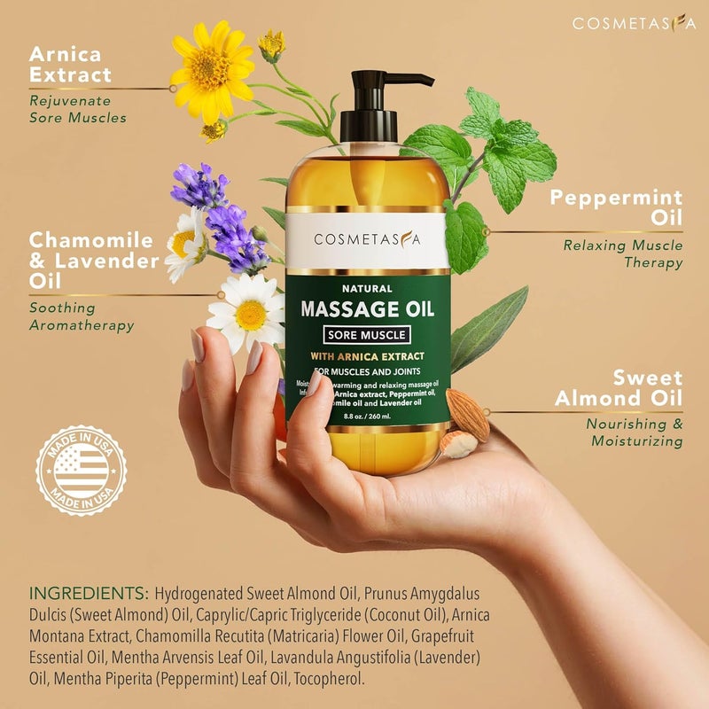 Cosmetasa Sore Muscle Massage Oil with Deep Tissue Massager  Thumb Saver and Oil Soothes Muscle and Joint with Arnica Extract Peppermint Chamomile and Lavender Oil 88 Fl Oz - Image 2