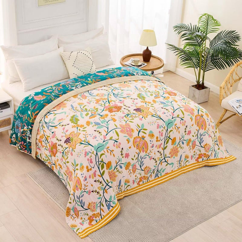 XIBLC Boho Throw Blanket for Bed  100% Cotton Soft Rustic Quilt Fall Blanket  60""x80"" Floral Printed Farmhouse Decor Bed Blankets  All Season Rustic Reversible Bohemian Throw Quilt - Image 4