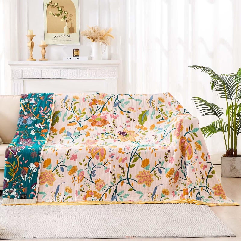 XIBLC Boho Throw Blanket for Bed  100% Cotton Soft Rustic Quilt Fall Blanket  60""x80"" Floral Printed Farmhouse Decor Bed Blankets  All Season Rustic Reversible Bohemian Throw Quilt - Image 2
