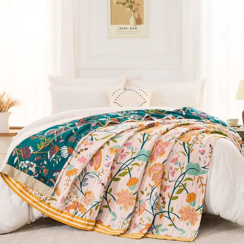 XIBLC Boho Throw Blanket for Bed  100% Cotton Soft Rustic Quilt Fall Blanket  60""x80"" Floral Printed Farmhouse Decor Bed Blankets  All Season Rustic Reversible Bohemian Throw Quilt - Image 5