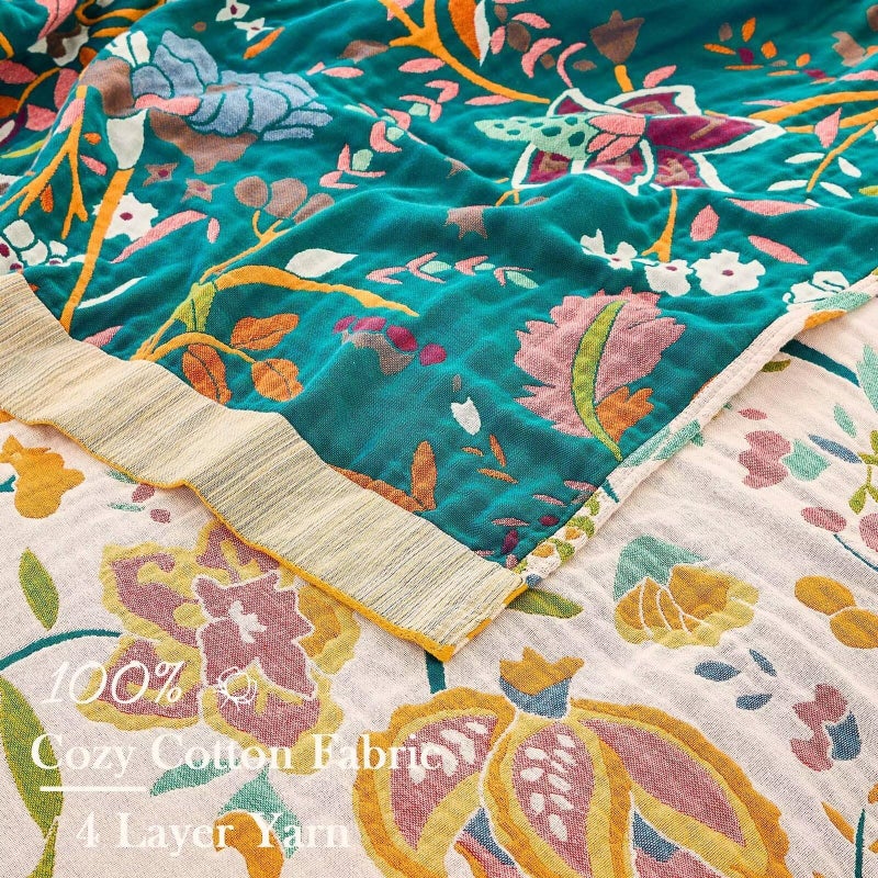 XIBLC Boho Throw Blanket for Bed  100% Cotton Soft Rustic Quilt Fall Blanket  60""x80"" Floral Printed Farmhouse Decor Bed Blankets  All Season Rustic Reversible Bohemian Throw Quilt - Image 3