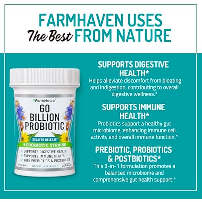 FarmHaven 60 Billion CFU Probiotic - 8 Probiotic Strains - Prebiotics & Postbiotics - Supports Digestive & Immune Health - Delayed Release - Shelf Stable - Non-GMO, Gluten Free - 30 Caps - Image 4