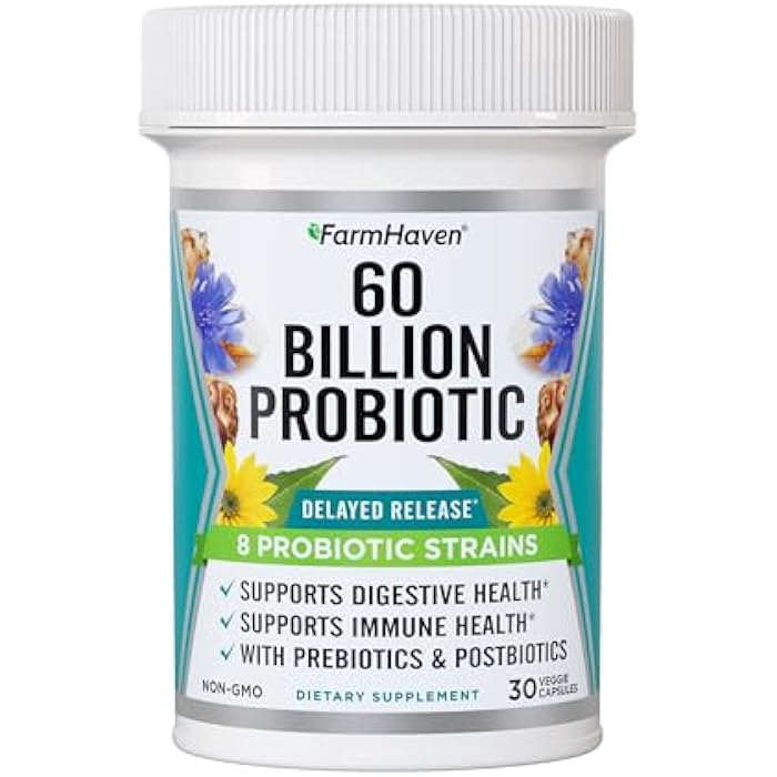 FarmHaven 60 Billion CFU Probiotic - 8 Probiotic Strains - Prebiotics & Postbiotics - Supports Digestive & Immune Health - Delayed Release - Shelf Stable - Non-GMO, Gluten Free - 30 Caps - Image 1