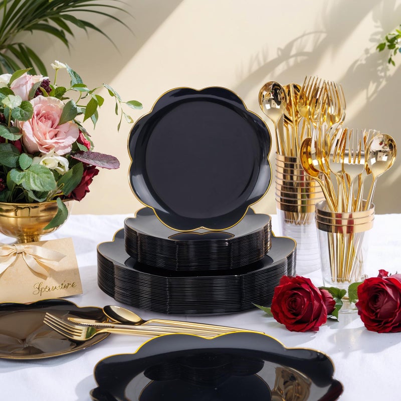 ejonirinjonir EI 180pcs Black Plastic Plates with Gold Plastic Silverware,Black and Gold Plates Disposable,Heavy Duty Plate for Party,Wedding,Anniversary,Spring Afternoon Tea Business Event - Image 4