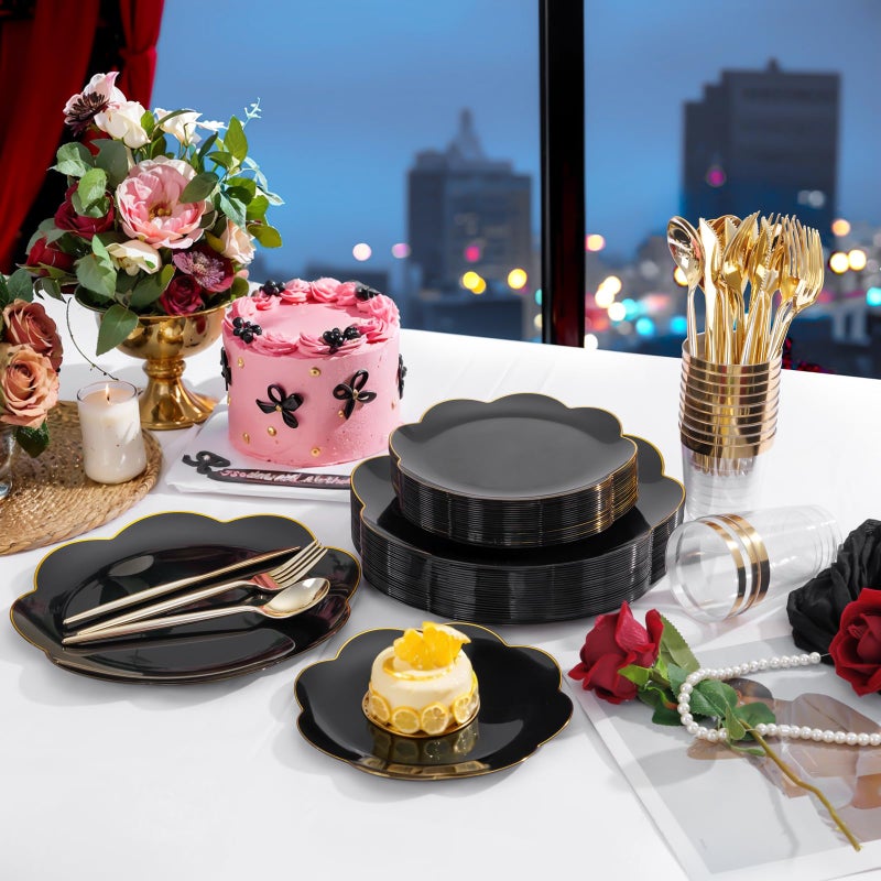 ejonirinjonir EI 180pcs Black Plastic Plates with Gold Plastic Silverware,Black and Gold Plates Disposable,Heavy Duty Plate for Party,Wedding,Anniversary,Spring Afternoon Tea Business Event - Image 5