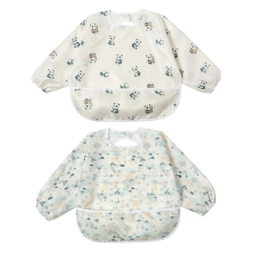 Little Dimsum Mess-Proof Baby Bibs|Infant Toddler Long Sleeve Waterproof Feeding Art Smock|Catching Food & Wipe Clean| Pack of 2 Colors - Image 1