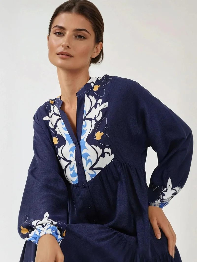 زوبعة فستان ماكسي طويل الأكمام من الفيسكوز مطبوع