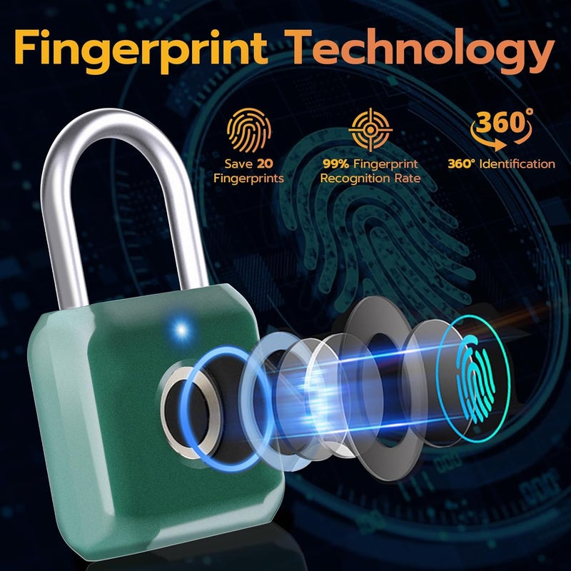Pothunder Fingerprint Padlock, Smart Metal Keyless Fingerprint Lock, Waterproof, USB Rechargeable, for Gym, School, Luggage, Backpack, Suitcase, Green - Image 3