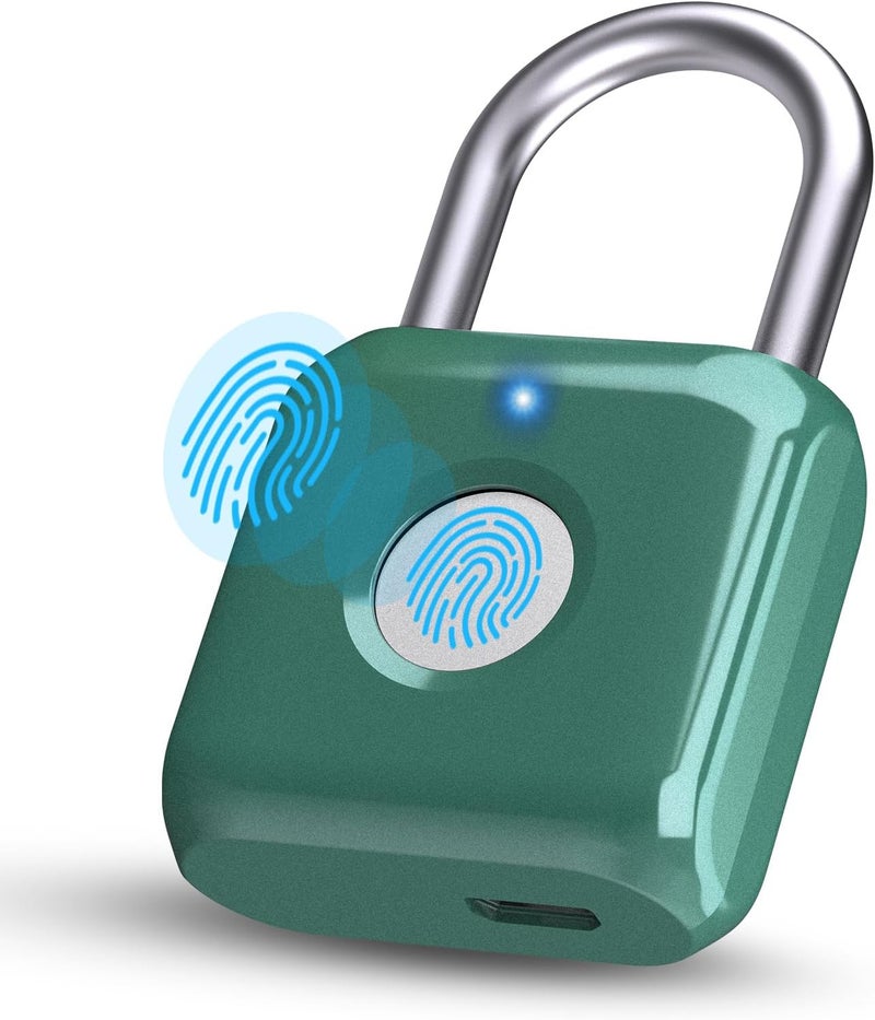 Pothunder Fingerprint Padlock, Smart Metal Keyless Fingerprint Lock, Waterproof, USB Rechargeable, for Gym, School, Luggage, Backpack, Suitcase, Green - Image 1