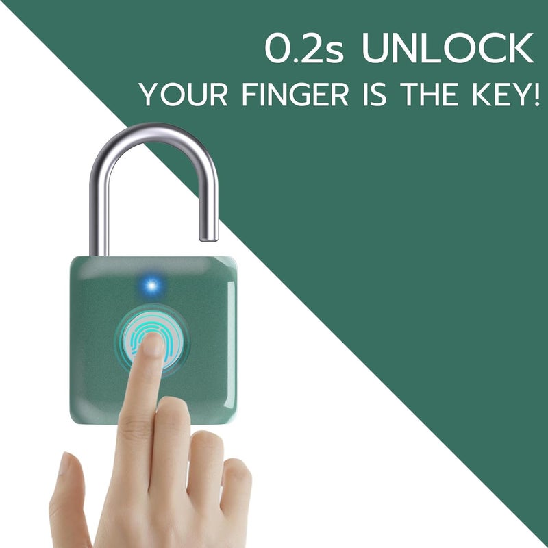Pothunder Fingerprint Padlock, Smart Metal Keyless Fingerprint Lock, Waterproof, USB Rechargeable, for Gym, School, Luggage, Backpack, Suitcase, Green - Image 2