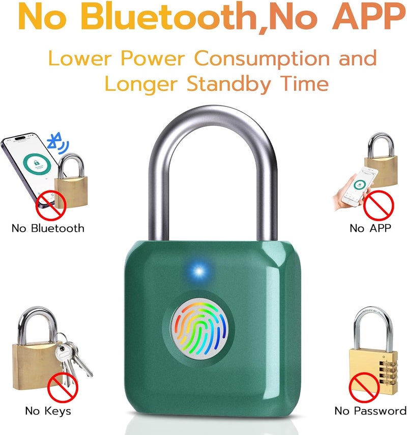 Pothunder Fingerprint Padlock, Smart Metal Keyless Fingerprint Lock, Waterproof, USB Rechargeable, for Gym, School, Luggage, Backpack, Suitcase, Green - Image 4