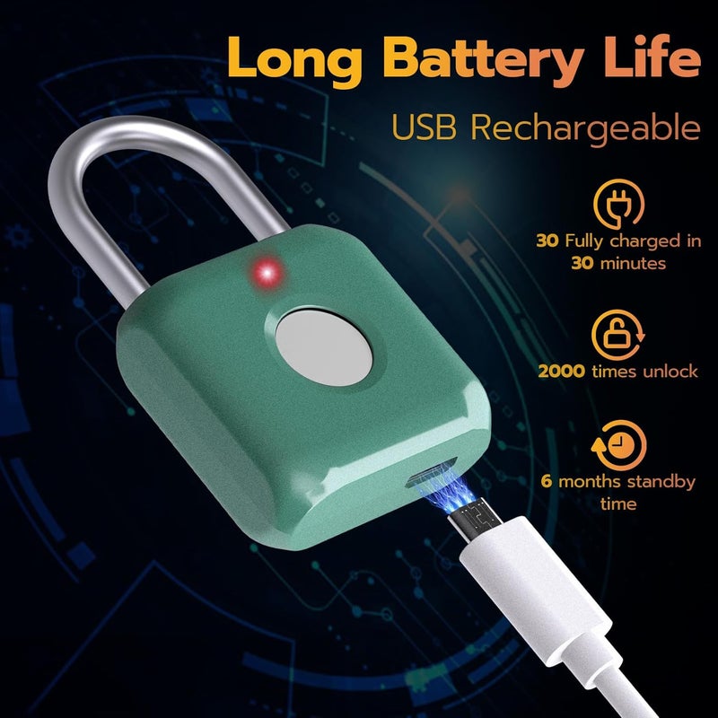 Pothunder Fingerprint Padlock, Smart Metal Keyless Fingerprint Lock, Waterproof, USB Rechargeable, for Gym, School, Luggage, Backpack, Suitcase, Green - Image 5