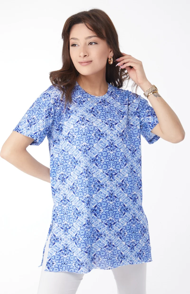 Tofisa Plain Crew Neck Women's Blue Patterned T-Shirt - 24738
