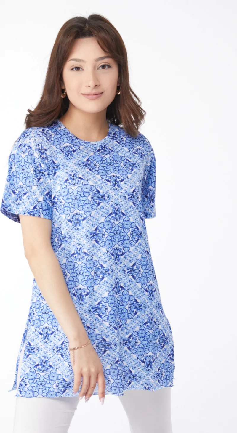 Tofisa Plain Crew Neck Women's Blue Patterned T-Shirt - 24738