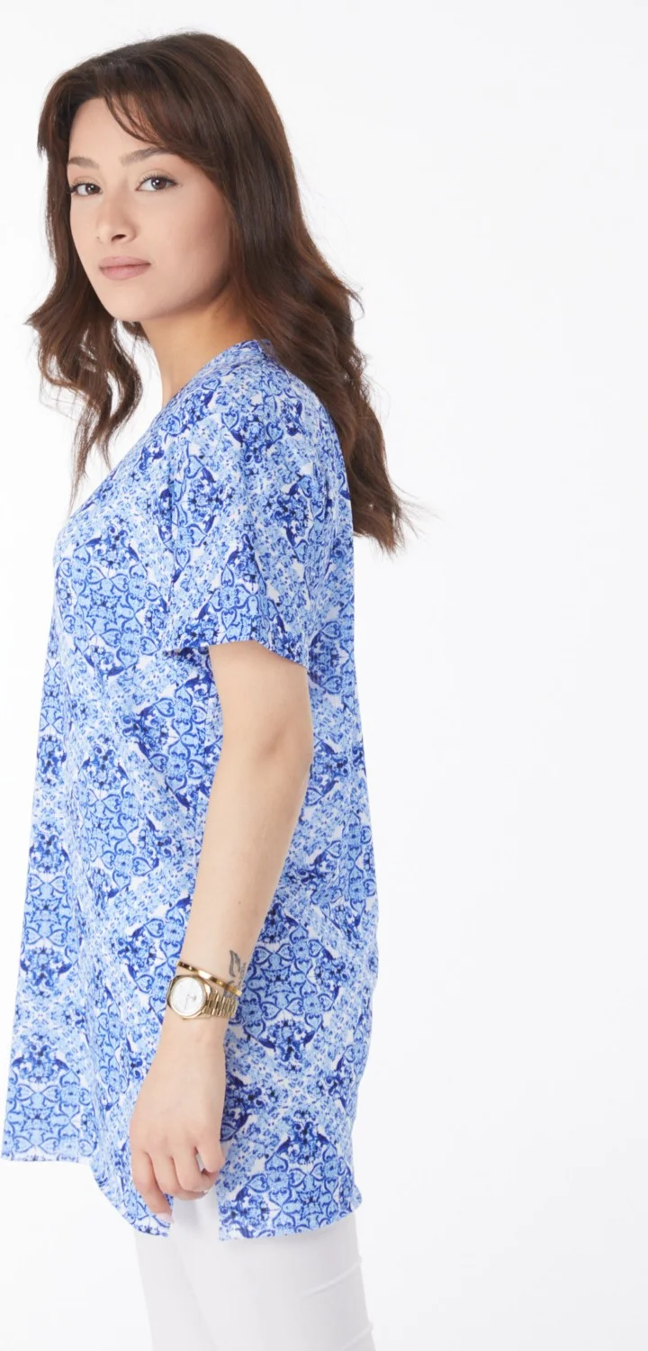 Tofisa Plain Crew Neck Women's Blue Patterned T-Shirt - 24738