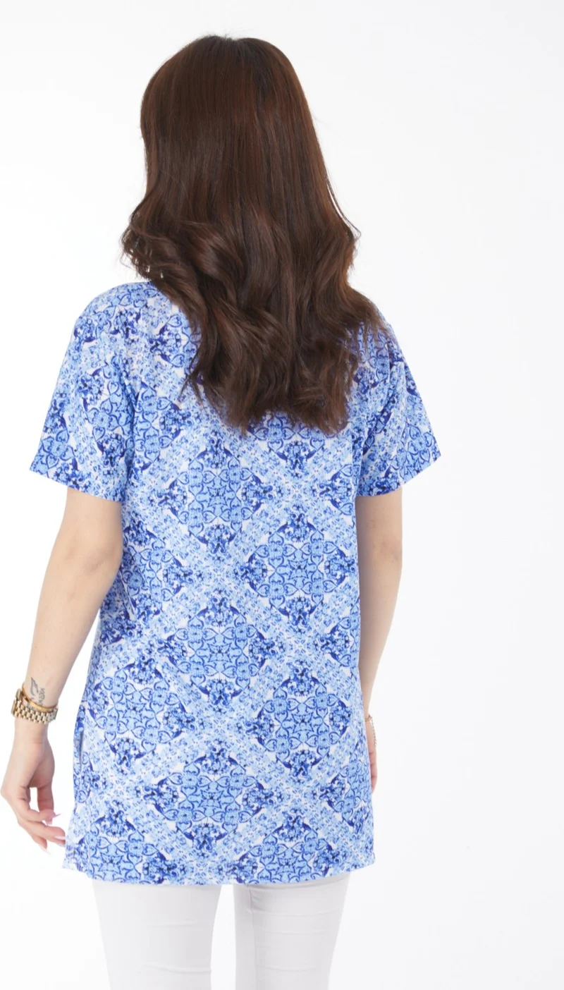 Tofisa Plain Crew Neck Women's Blue Patterned T-Shirt - 24738