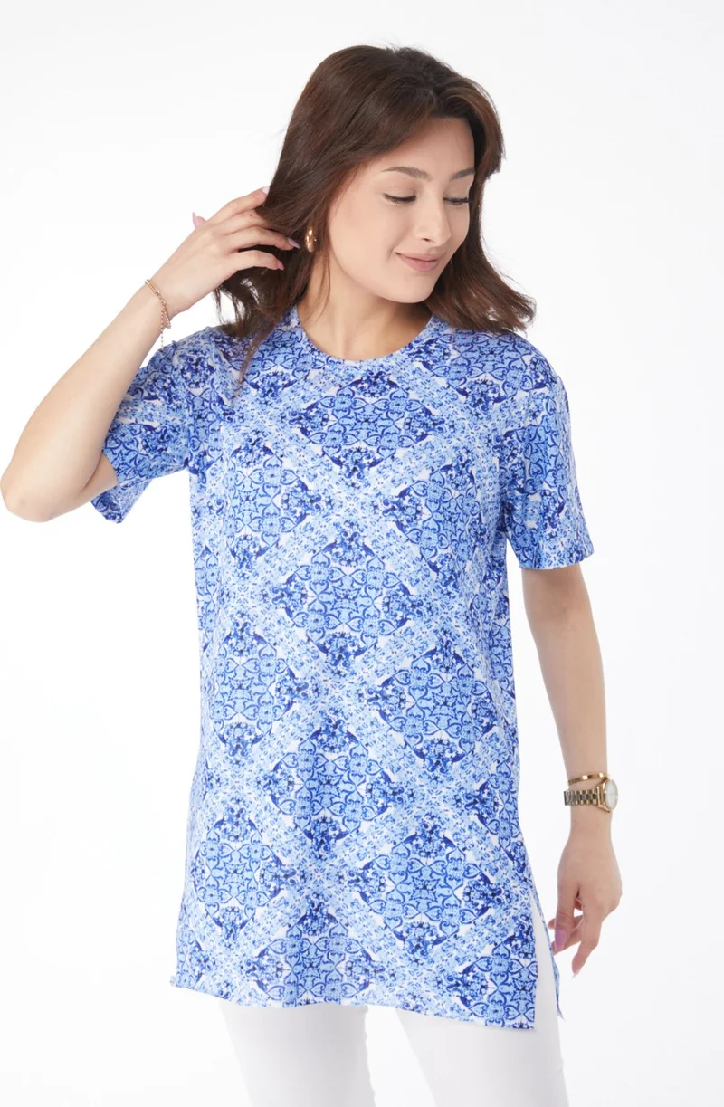 Tofisa Plain Crew Neck Women's Blue Patterned T-Shirt - 24738