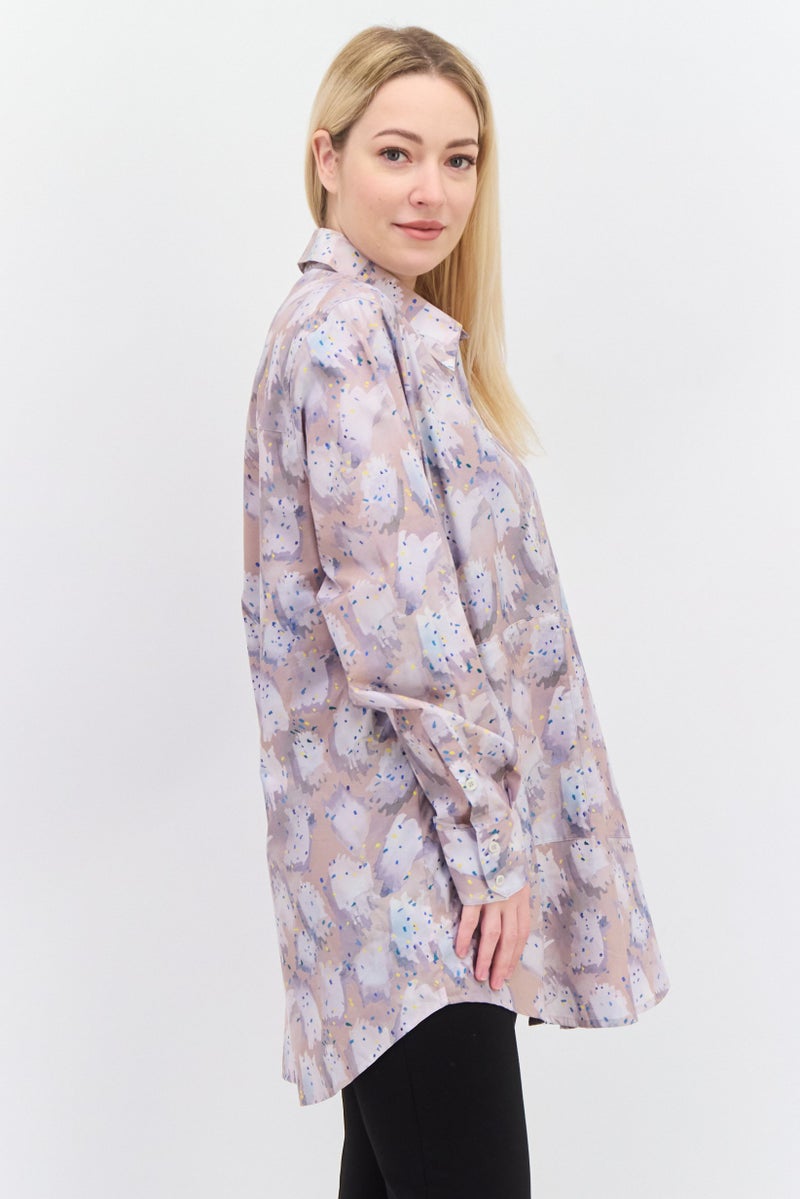 NAH/ Studio Women Spread Collar Long Sleeve Allover Print Shirt, Multicolor - Image 3