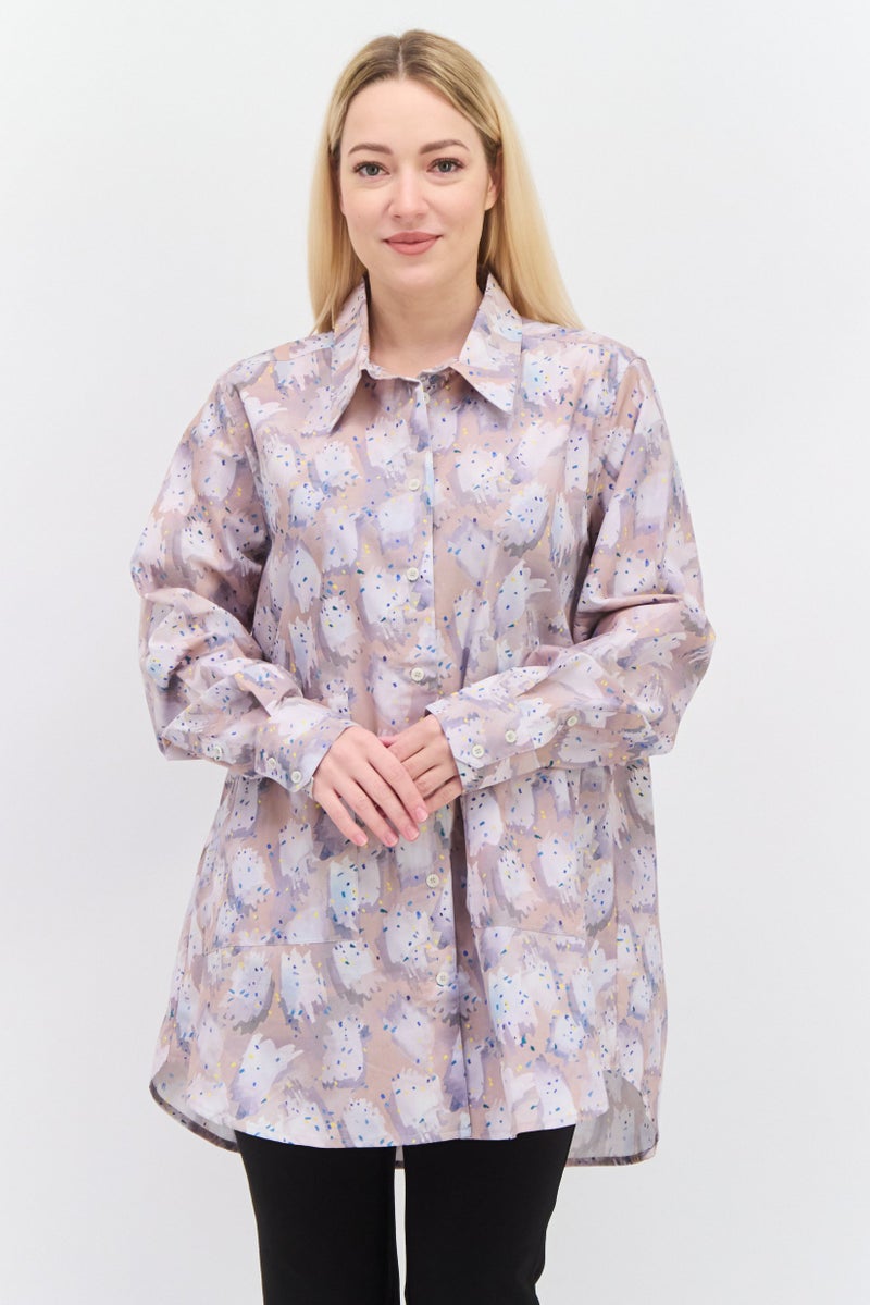 NAH/ Studio Women Spread Collar Long Sleeve Allover Print Shirt, Multicolor - Image 1