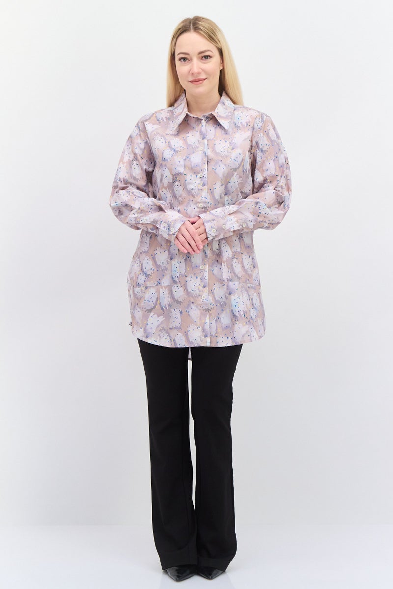 NAH/ Studio Women Spread Collar Long Sleeve Allover Print Shirt, Multicolor - Image 2