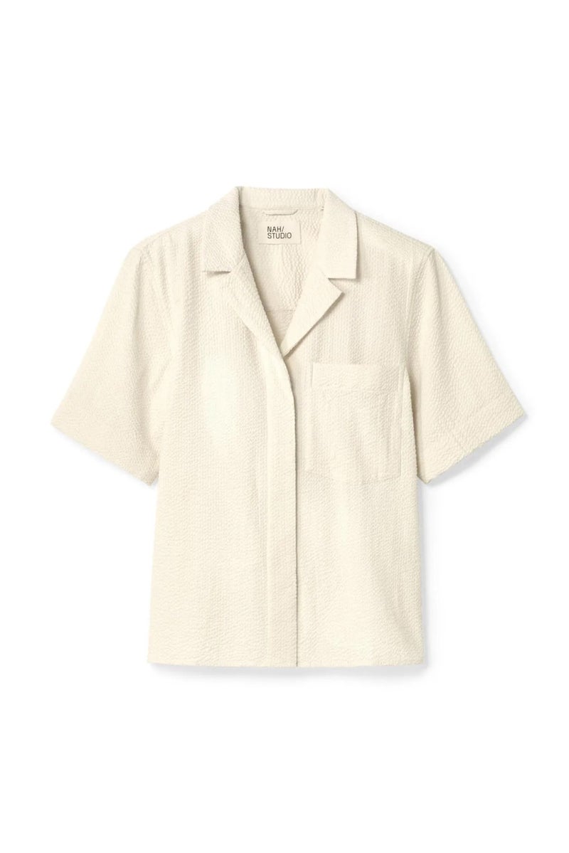 Tchibo Women Notched Collar Short Sleeve Textured Top, Beige - Image 2